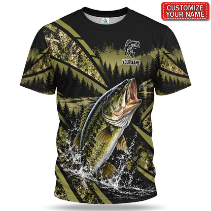 Personalized Jumping Bass and Forest Lake Fishing T-Shirt