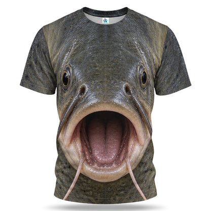 Open Mouth Catfish Face and Whiskers 3D Fishing T-Shirt