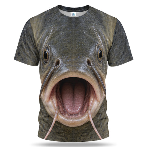 Open Mouth Catfish Face and Whiskers 3D Fishing T-Shirt
