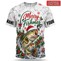 Personalized Merry Fishmas Santa Hat Bass Fishing 3D T-Shirt