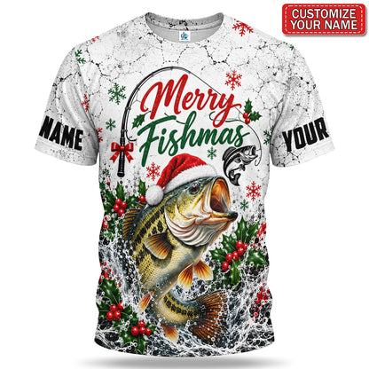 Personalized Merry Fishmas Santa Hat Bass Fishing 3D T-Shirt