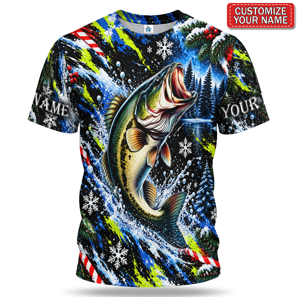 Personalized Jumping Bass and Snowflakes Christmas Fishing T-Shirt