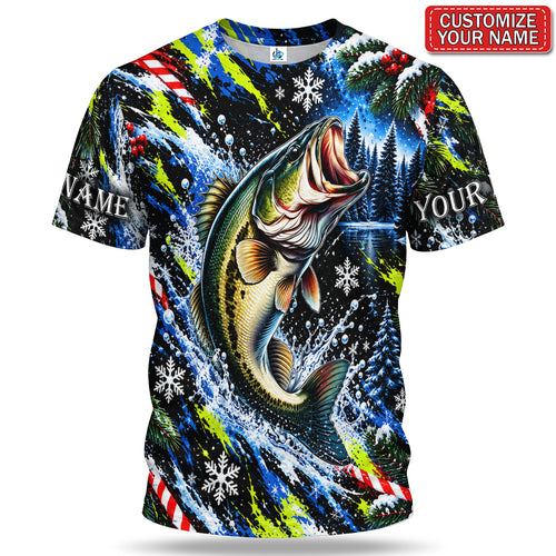 Personalized Jumping Bass and Snowflakes Christmas Fishing T-Shirt