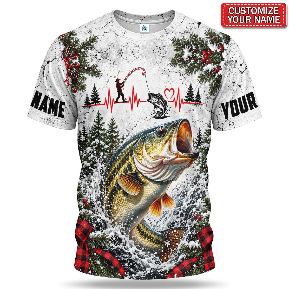 Personalized Christmas Bass and Angler Heartbeat Fishing 3D T-Shirt
