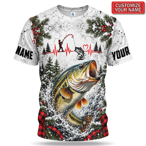 Personalized Christmas Bass and Angler Heartbeat Fishing 3D T-Shirt