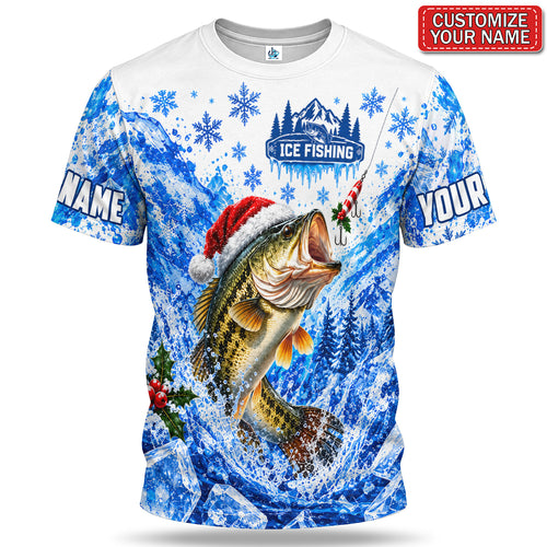 Personalized Santa Hat Bass Ice Fishing T-Shirt