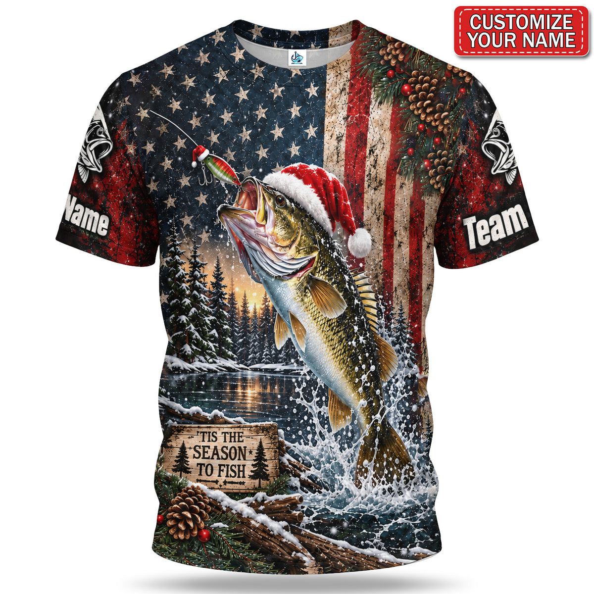 Personalized Santa Fish American Flag Fishing T-Shirt