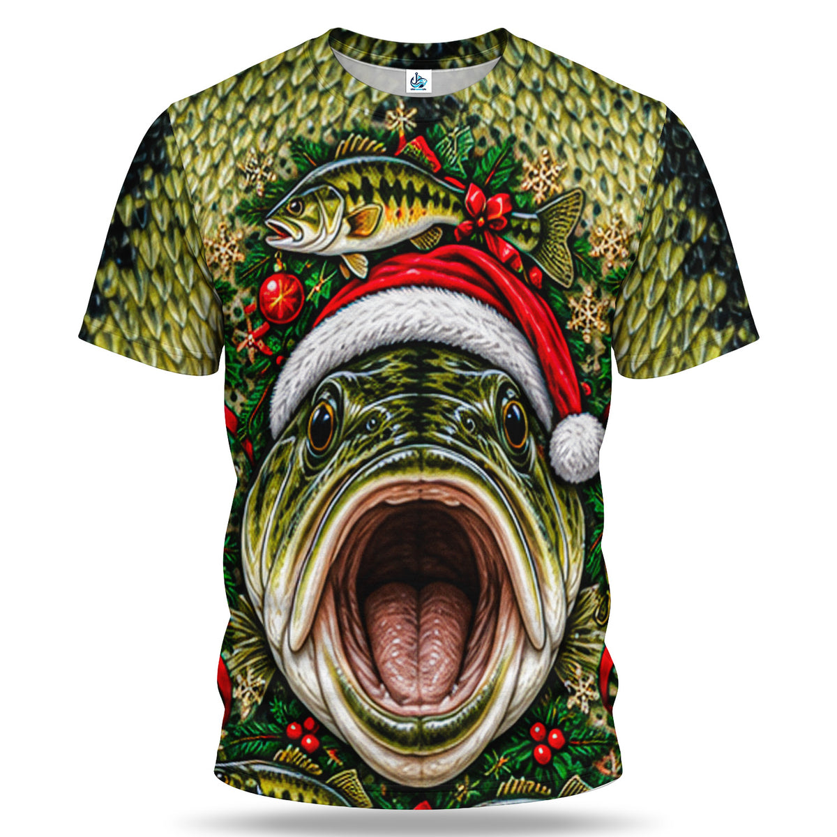 Santa Hat Bass Face and Holiday Greenery 3D Fishing T-Shirt
