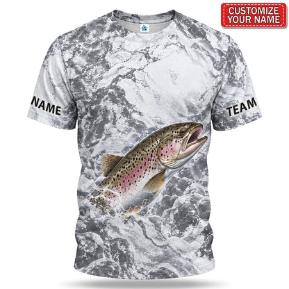 Personalized Rainbow Trout and Gray Water Splash Fishing T-Shirt