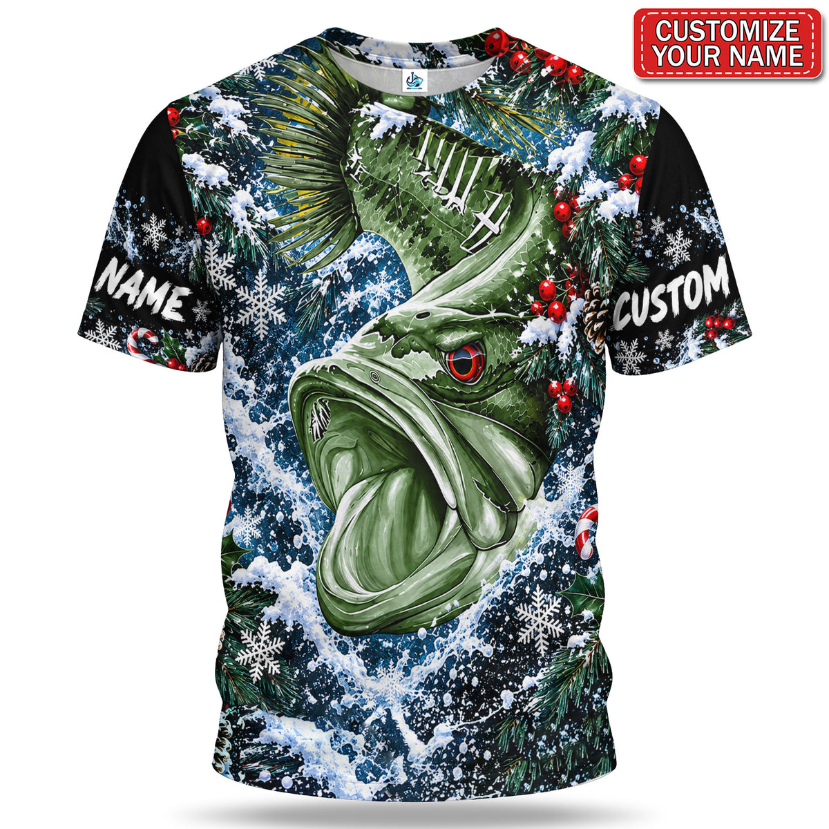 Personalized Bass Close-Up and Snowy Pine Christmas Fishing T-Shirt