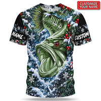 Personalized Bass Close-Up and Snowy Pine Christmas Fishing T-Shirt