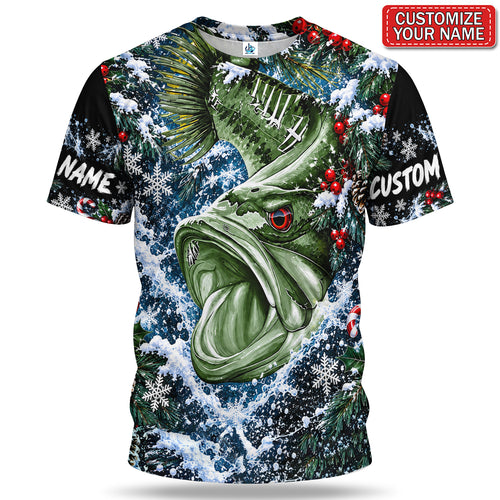 Personalized Bass Close-Up and Snowy Pine Christmas Fishing T-Shirt