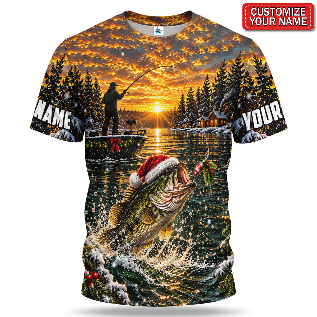 Personalized Christmas Bass and Sunset Lake Fishing 3D T-Shirt