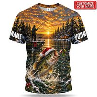 Personalized Christmas Bass and Sunset Lake Fishing 3D T-Shirt