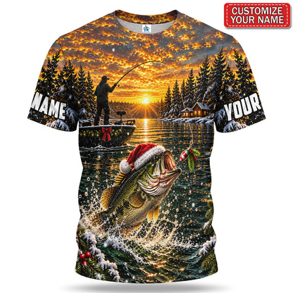 Personalized Christmas Bass and Sunset Lake Fishing 3D T-Shirt