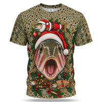 Santa Rainbow Trout and Christmas Ornaments 3D Fishing T-Shirt
