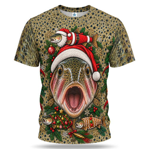 Santa Rainbow Trout and Christmas Ornaments 3D Fishing T-Shirt