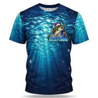 Santa Hat Bass Fishing in Blue Water 3D T-Shirt