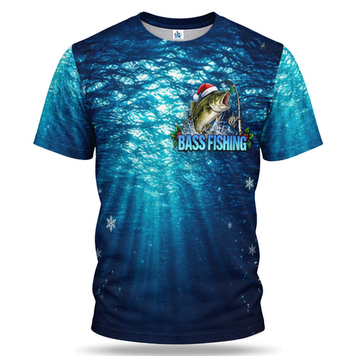 Santa Hat Bass Fishing in Blue Water 3D T-Shirt