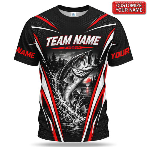 Personalized Bass Fishing Team T-Shirt With Red Sunset