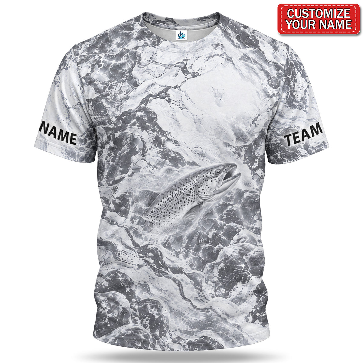 Personalized Monochrome Trout and Water Splash Fishing T-Shirt
