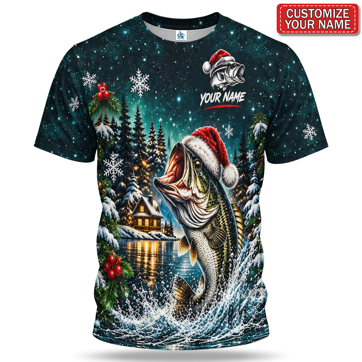 Personalized Santa Hat Bass and Snowy Lake Christmas Fishing T-Shirt