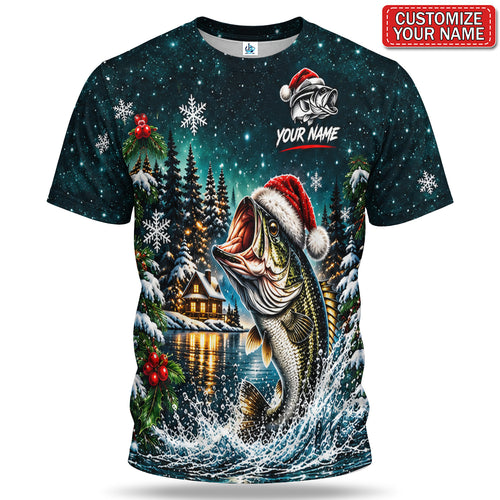 Personalized Santa Hat Bass and Snowy Lake Christmas Fishing T-Shirt