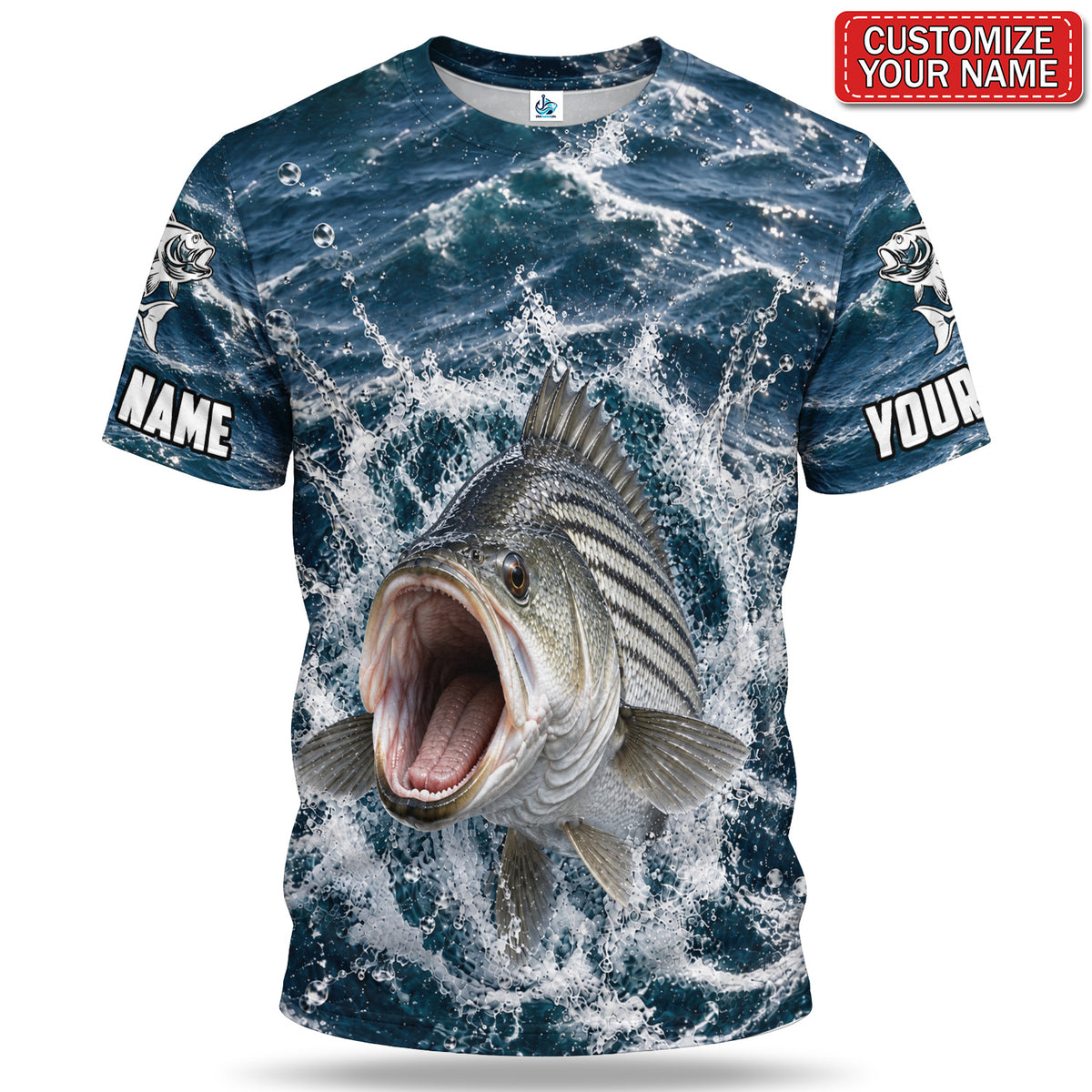 Personalized Striped Bass Water Splash Fishing 3D T-Shirt