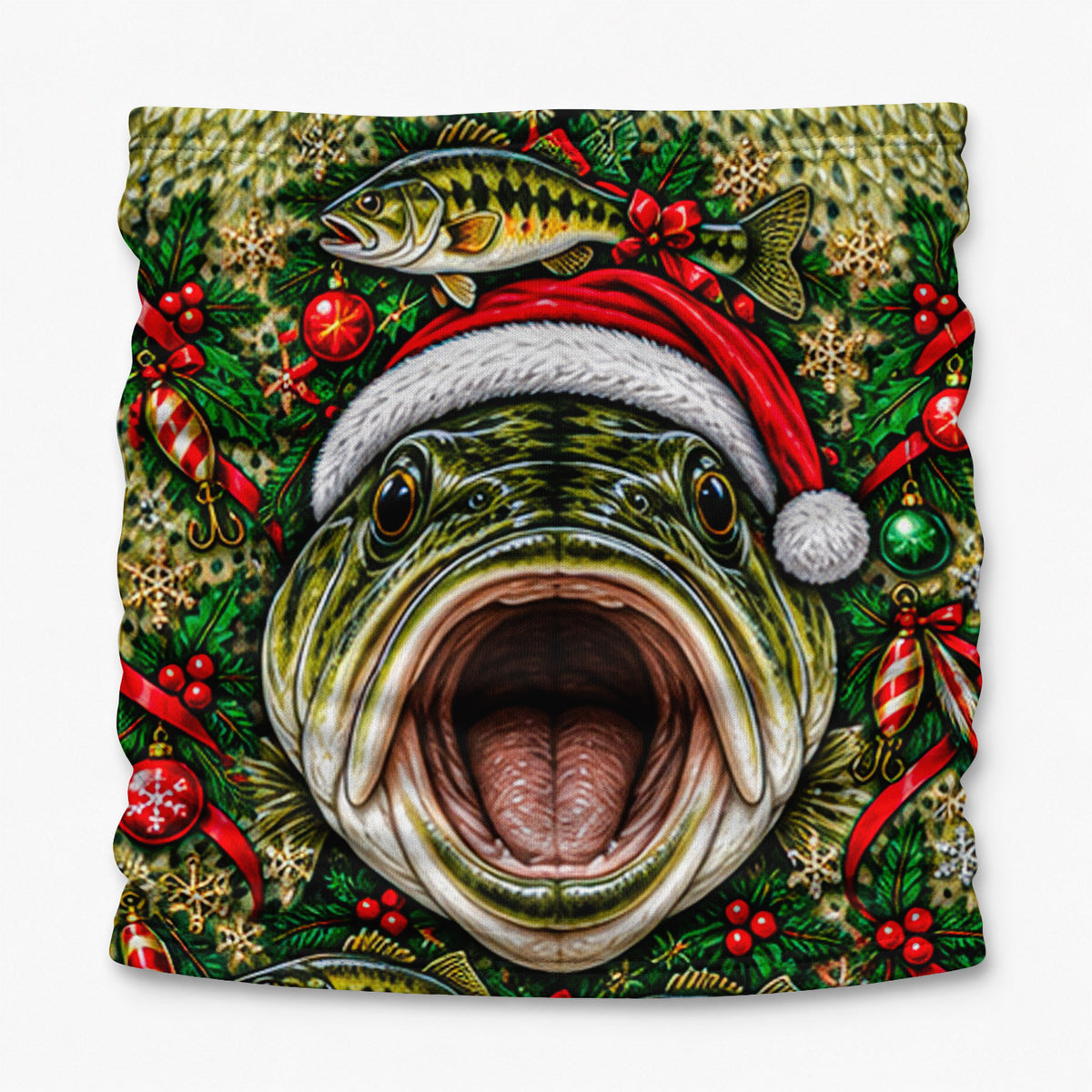 Christmas Bass Face Santa Hat and Holly Fishing Mask