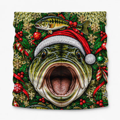 Christmas Bass Face Santa Hat and Holly Fishing Mask