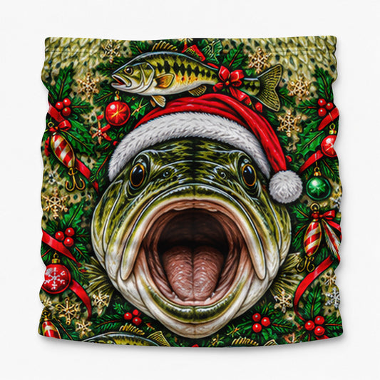 Christmas Bass Face Santa Hat and Holly Fishing Mask