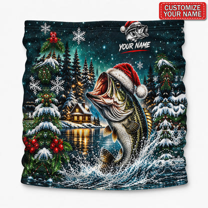 Personalized Santa Hat Bass and Snowy Lake Christmas Fishing Mask