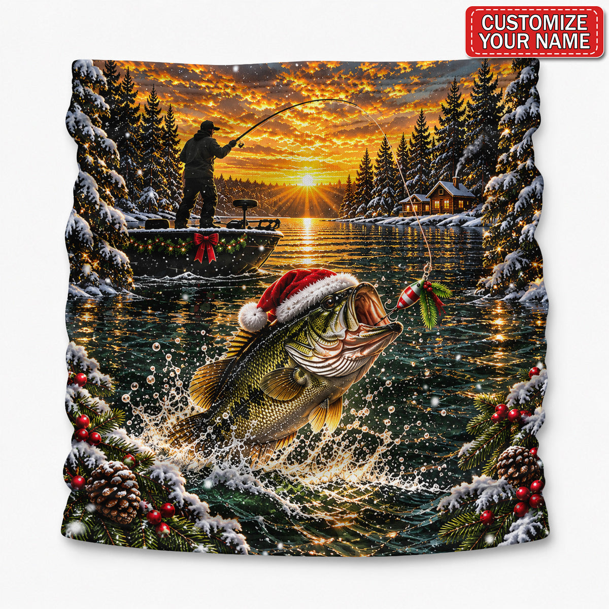 Personalized Christmas Bass and Sunset Lake Fishing Mask