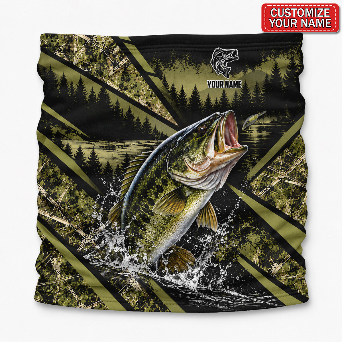 Personalized Bass and Lure Fishing Mask With Forest Lake