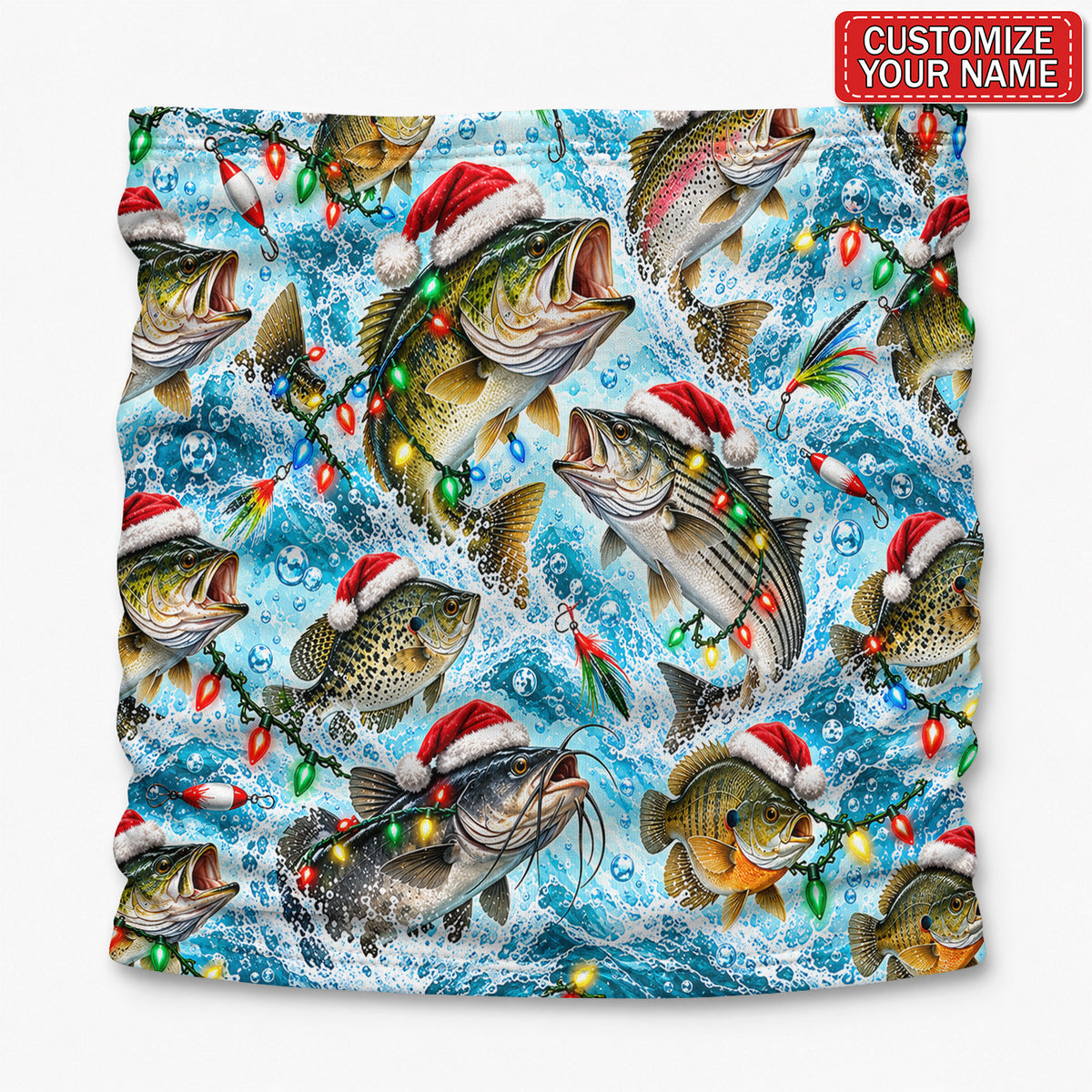 Personalized Christmas Fishing Mask With Santa Hat Fish and Holiday Lights