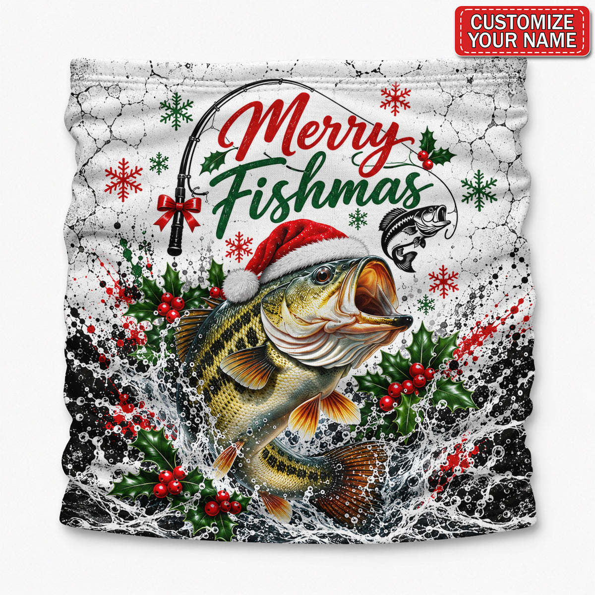 Personalized Merry Fishmas Santa Hat Bass Fishing Mask