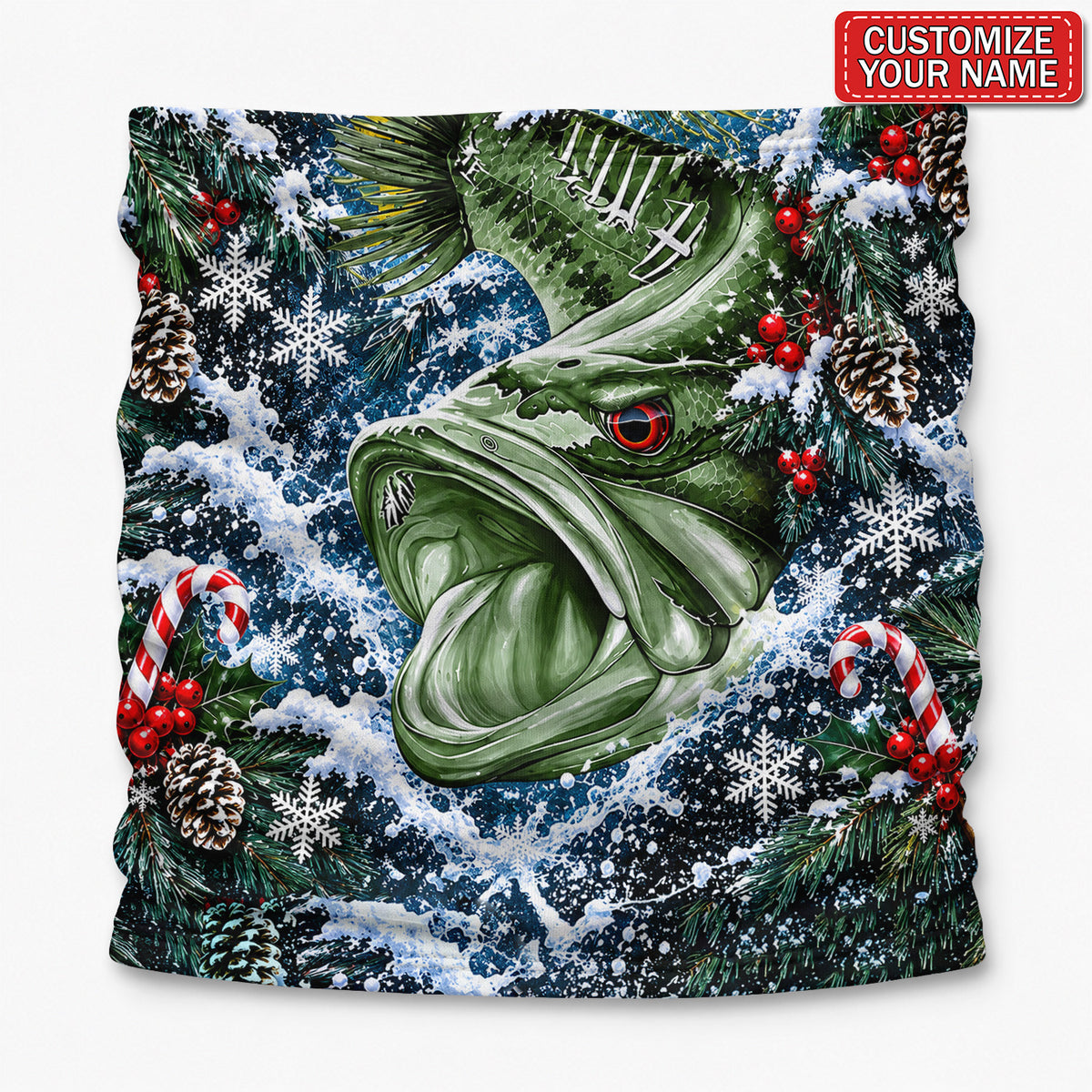 Personalized Bass Fishing Mask With Pinecones and Christmas Candy Canes