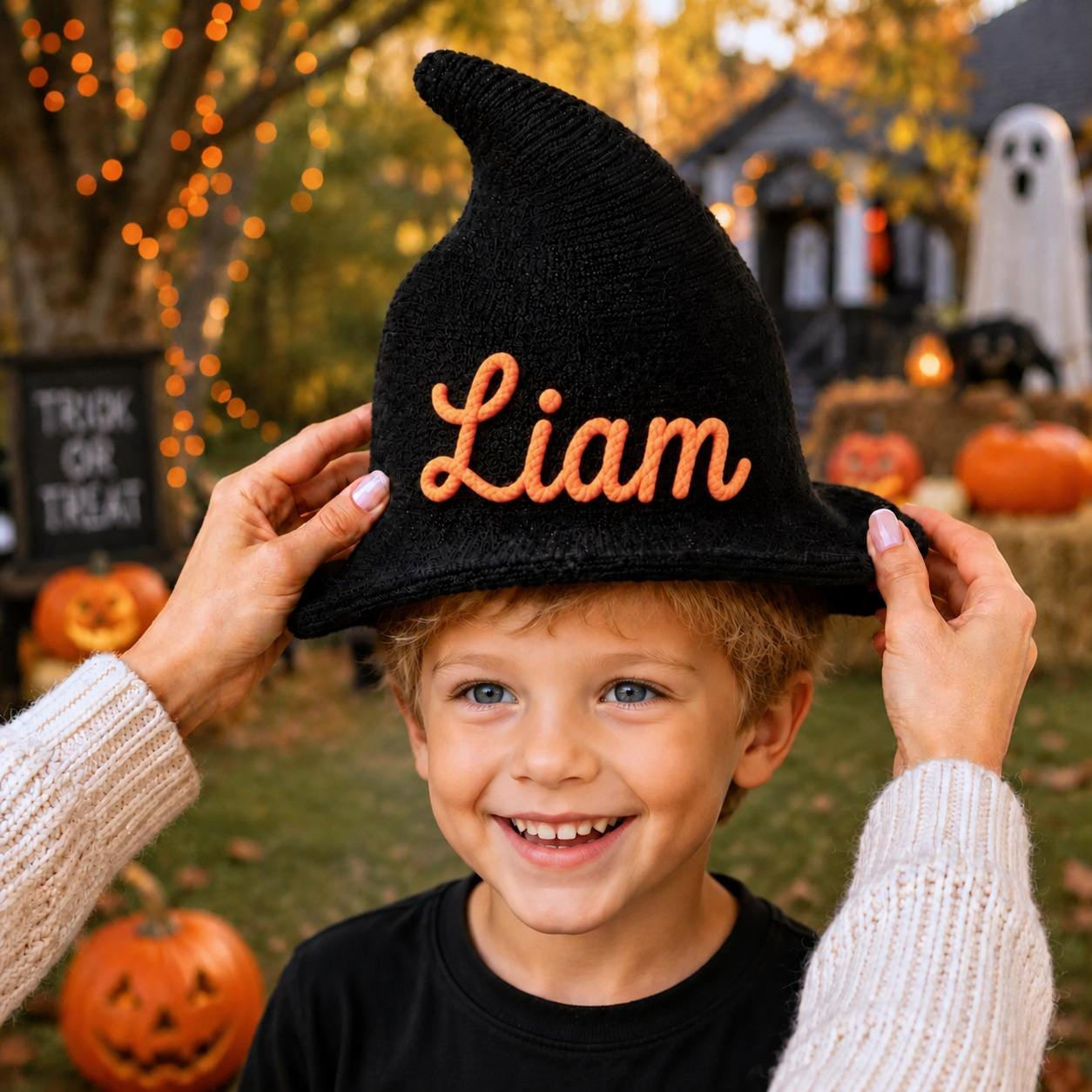 Personalized Kids Witch Hat, Custom Embroidered Black Cotton Halloween Hat, Wizard Costume Hat for Kids