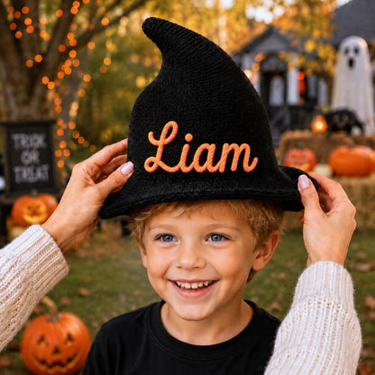 Personalized Kids Witch Hat, Custom Embroidered Black Cotton Halloween Hat, Wizard Costume Hat for Kids