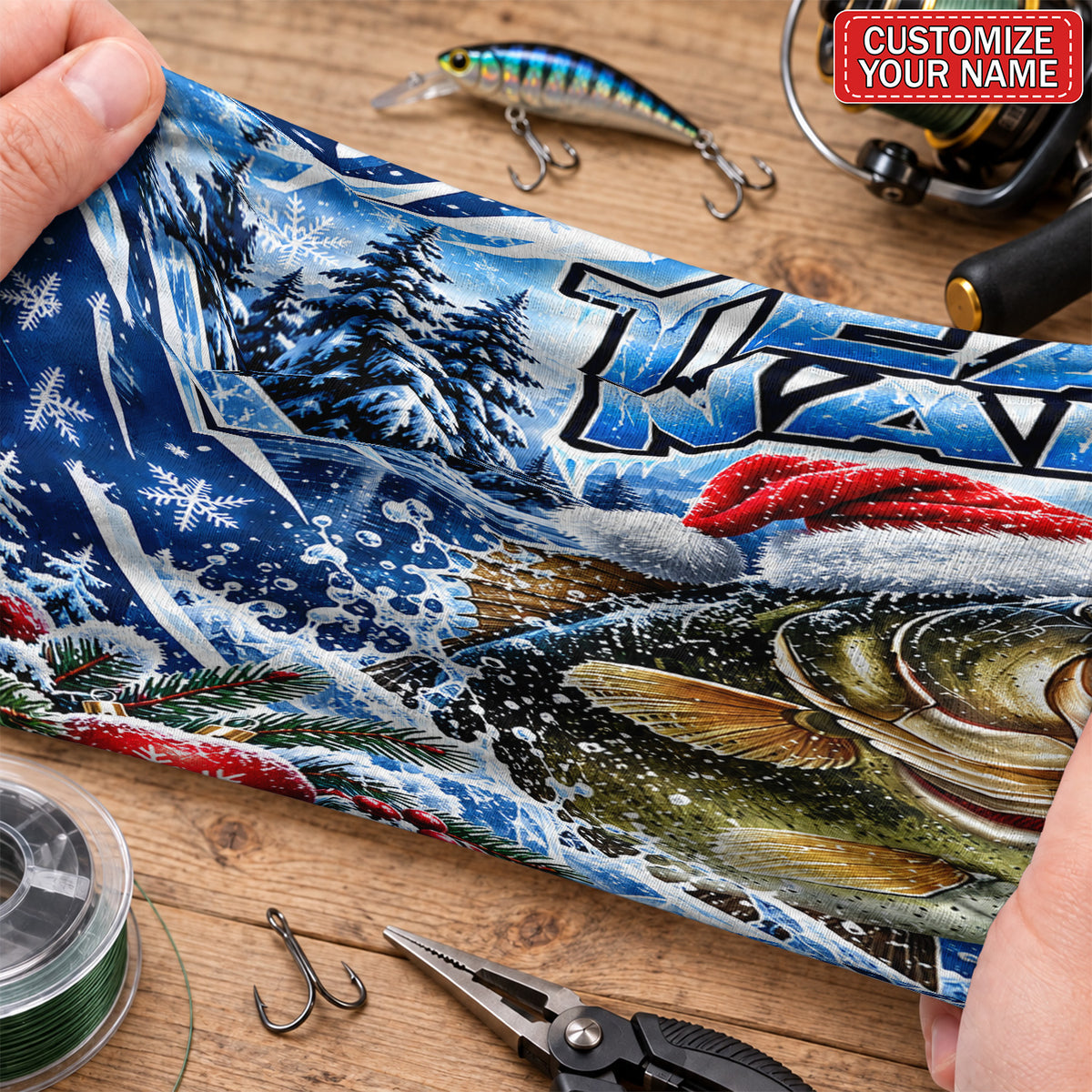 Personalized Santa Hat Bass Fishing Mask With Christmas Snowflakes