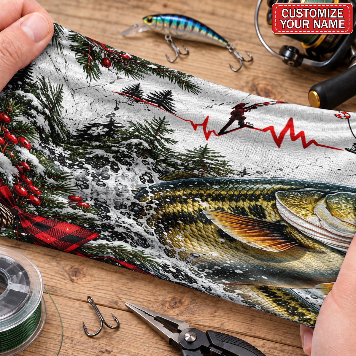 Personalized Bass and Angler Heartbeat Winter Fishing Mask