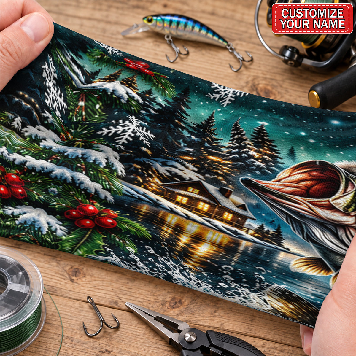 Personalized Santa Hat Bass and Snowy Lake Christmas Fishing Mask