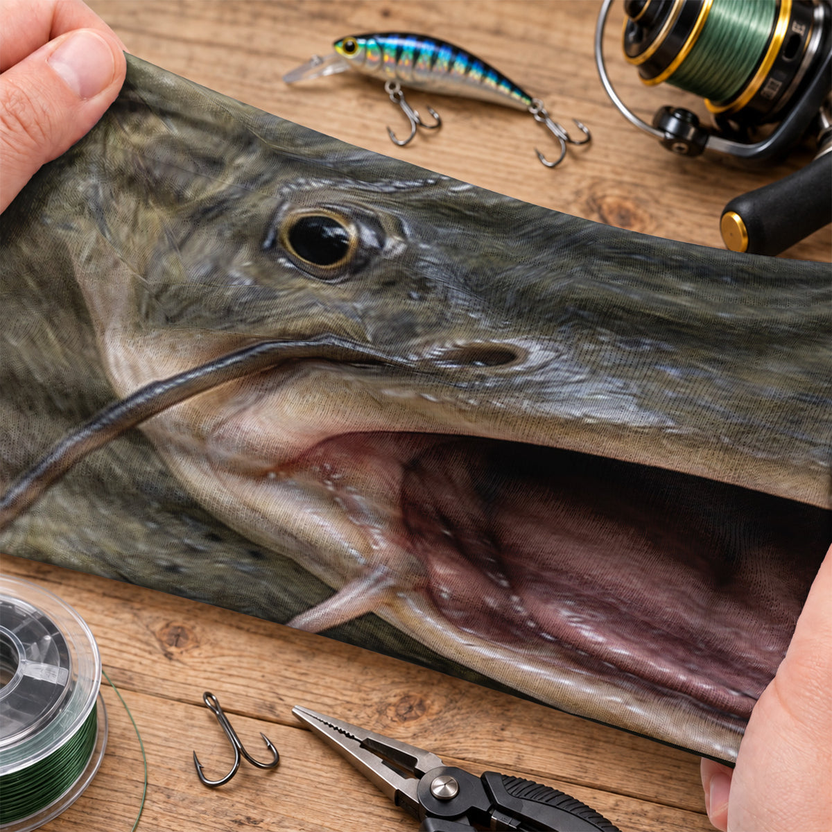 Realistic Catfish Face Open Mouth and Whiskers Fishing Mask