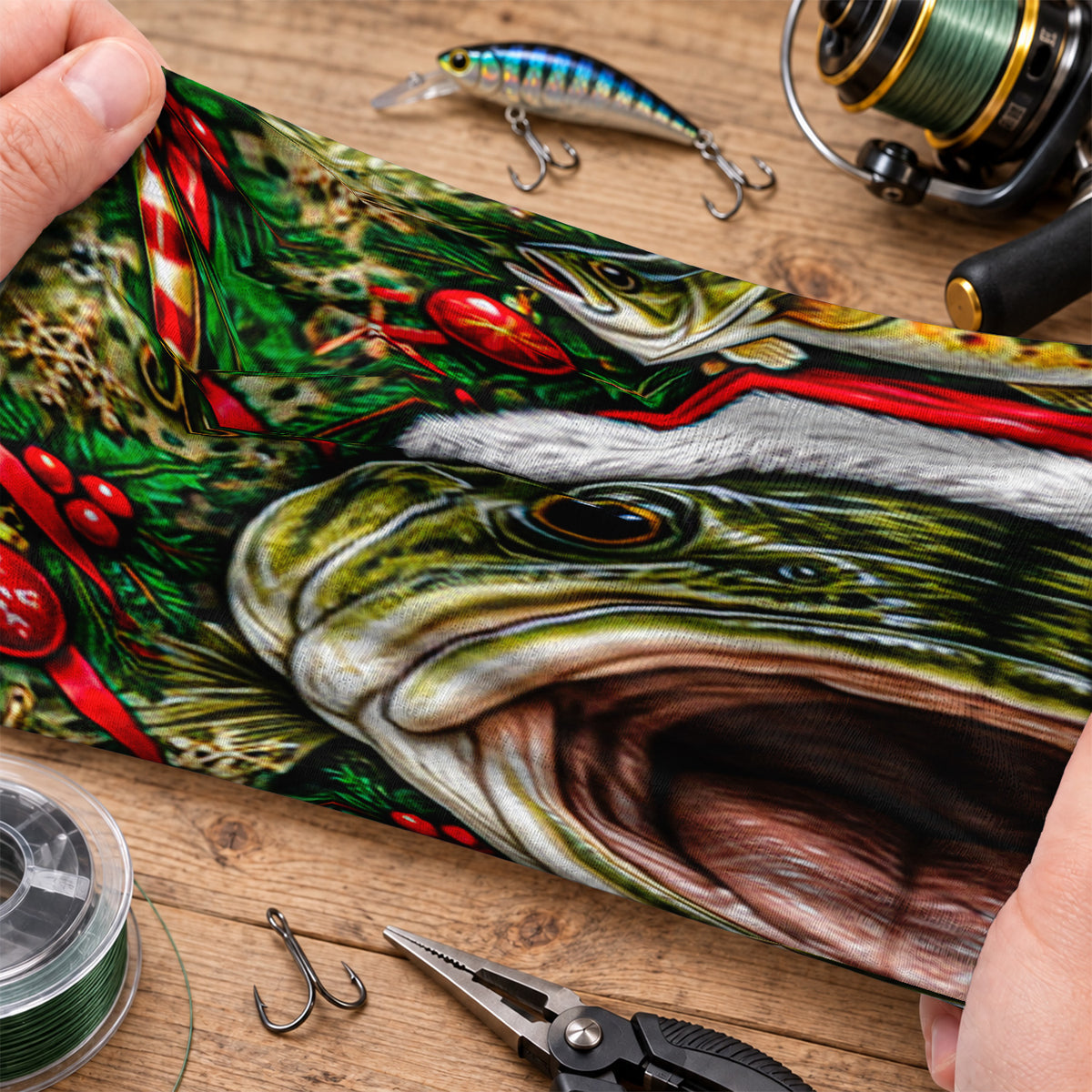 Christmas Bass Face Santa Hat and Holly Fishing Mask