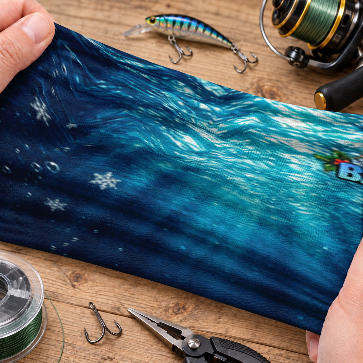 Christmas Bass Fishing Mask With Blue Water and Snowflakes