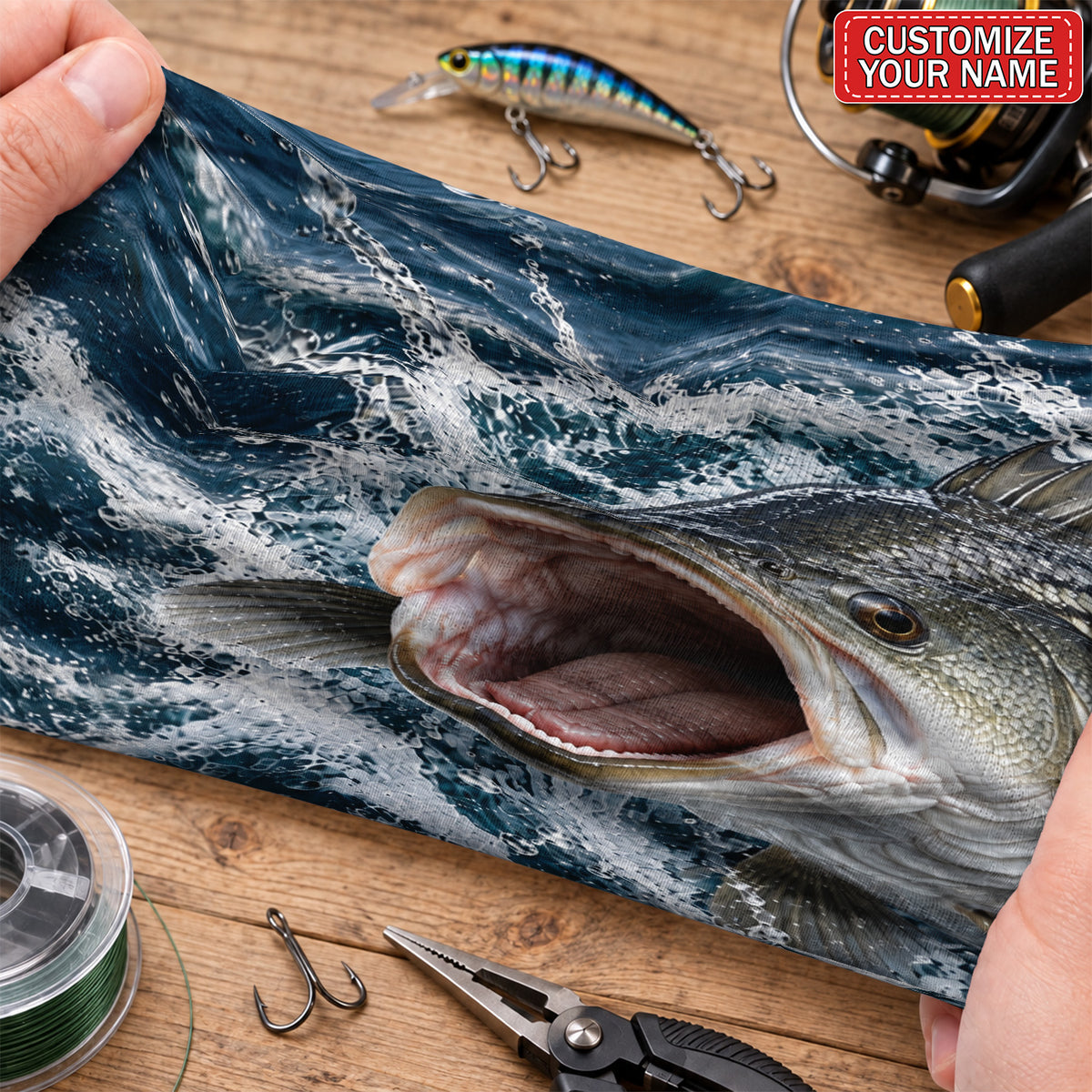 Personalized Striped Bass Splashing Waves Fishing Mask