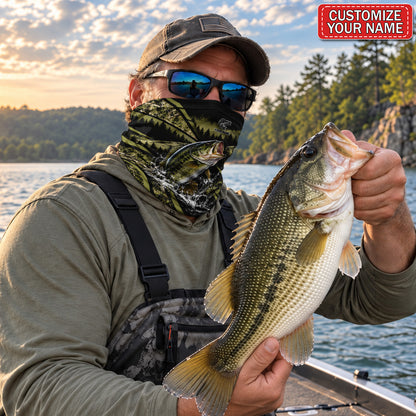 Personalized Bass and Lure Fishing Mask With Forest Lake
