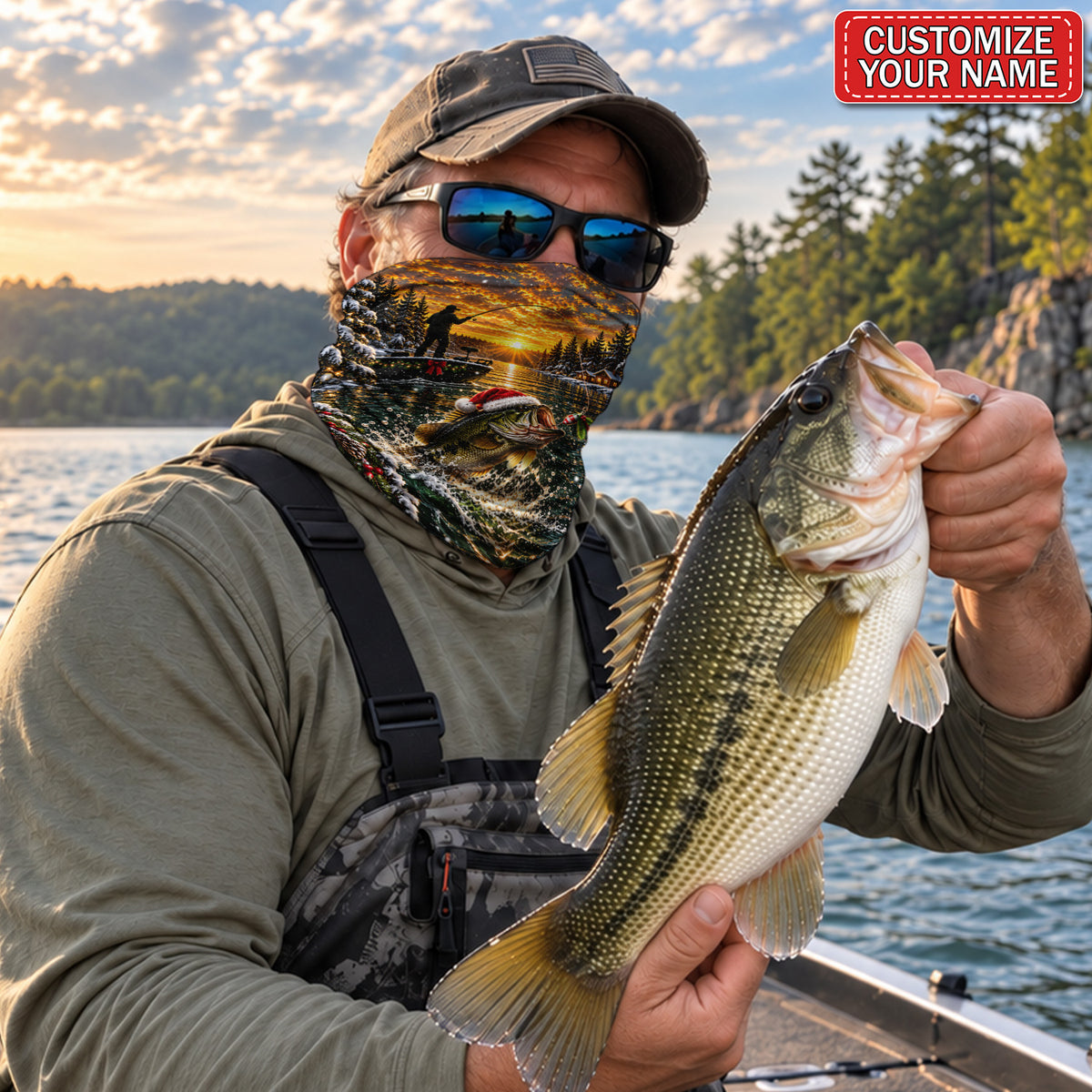 Personalized Christmas Bass and Sunset Lake Fishing Mask