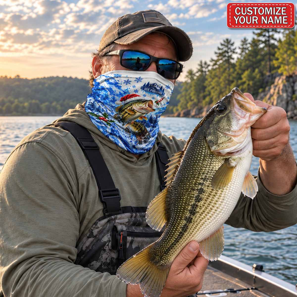 Personalized Santa Hat Bass Ice Fishing Mask