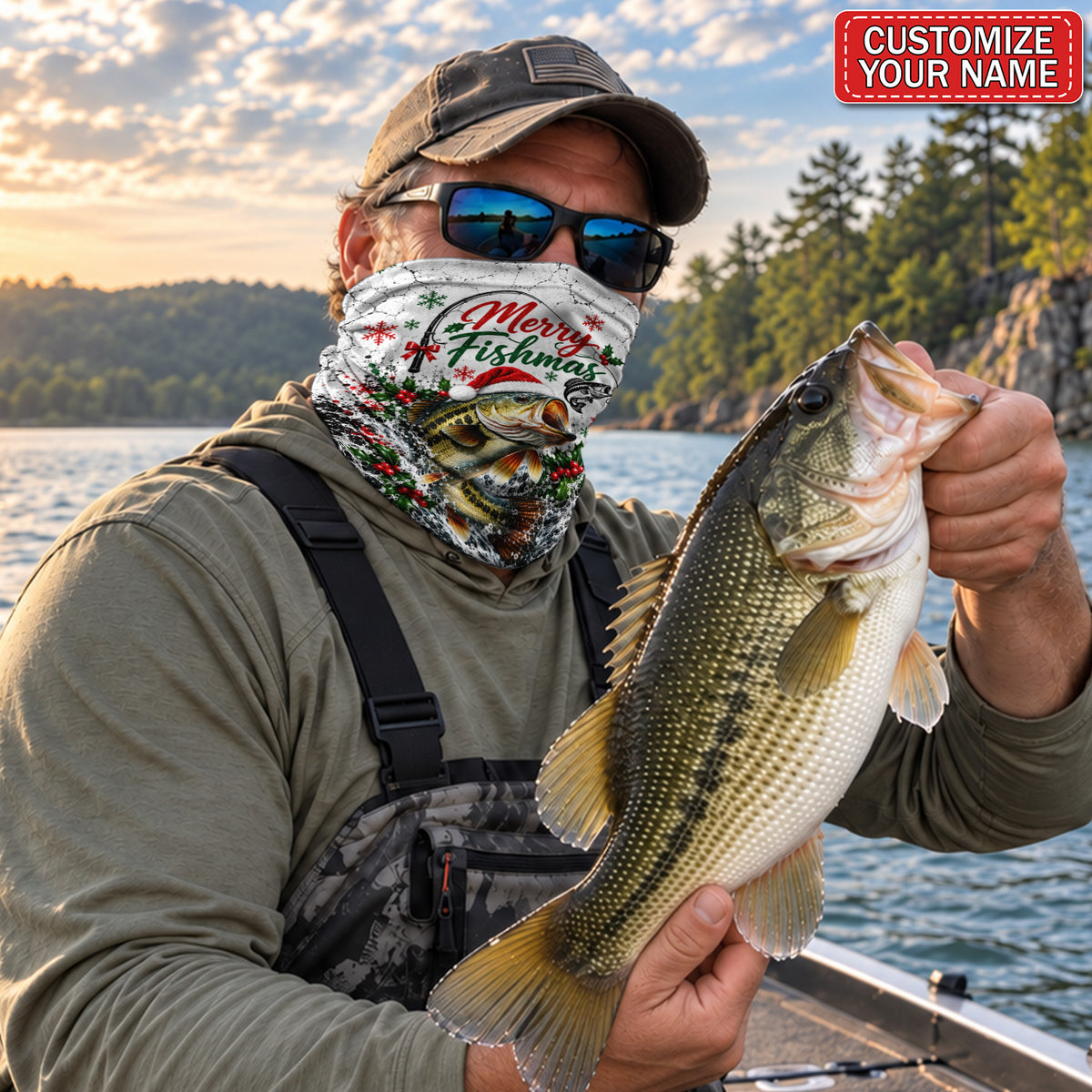 Personalized Merry Fishmas Santa Hat Bass Fishing Mask